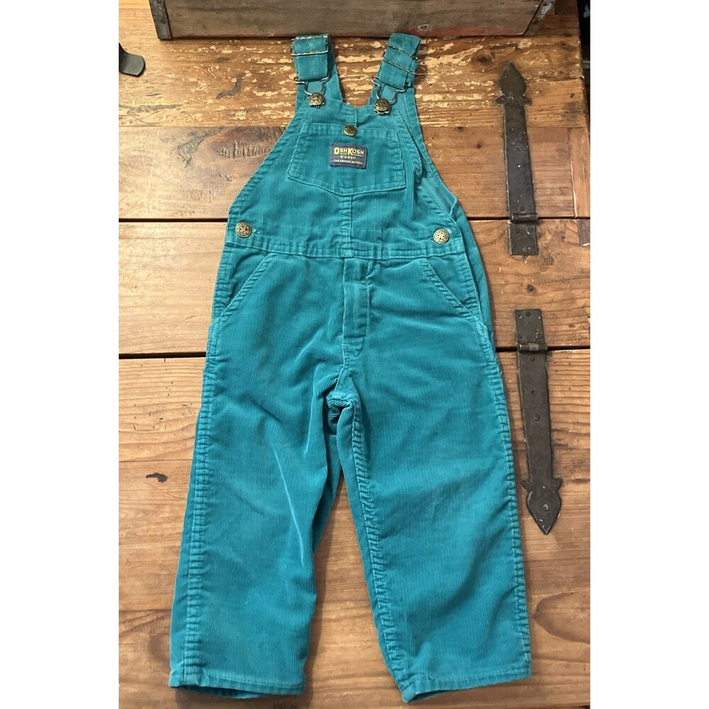 Vintage OshKosh B'gosh Bib Overalls Boys 3T Teal Green Carpenter Vestbak USA 90s